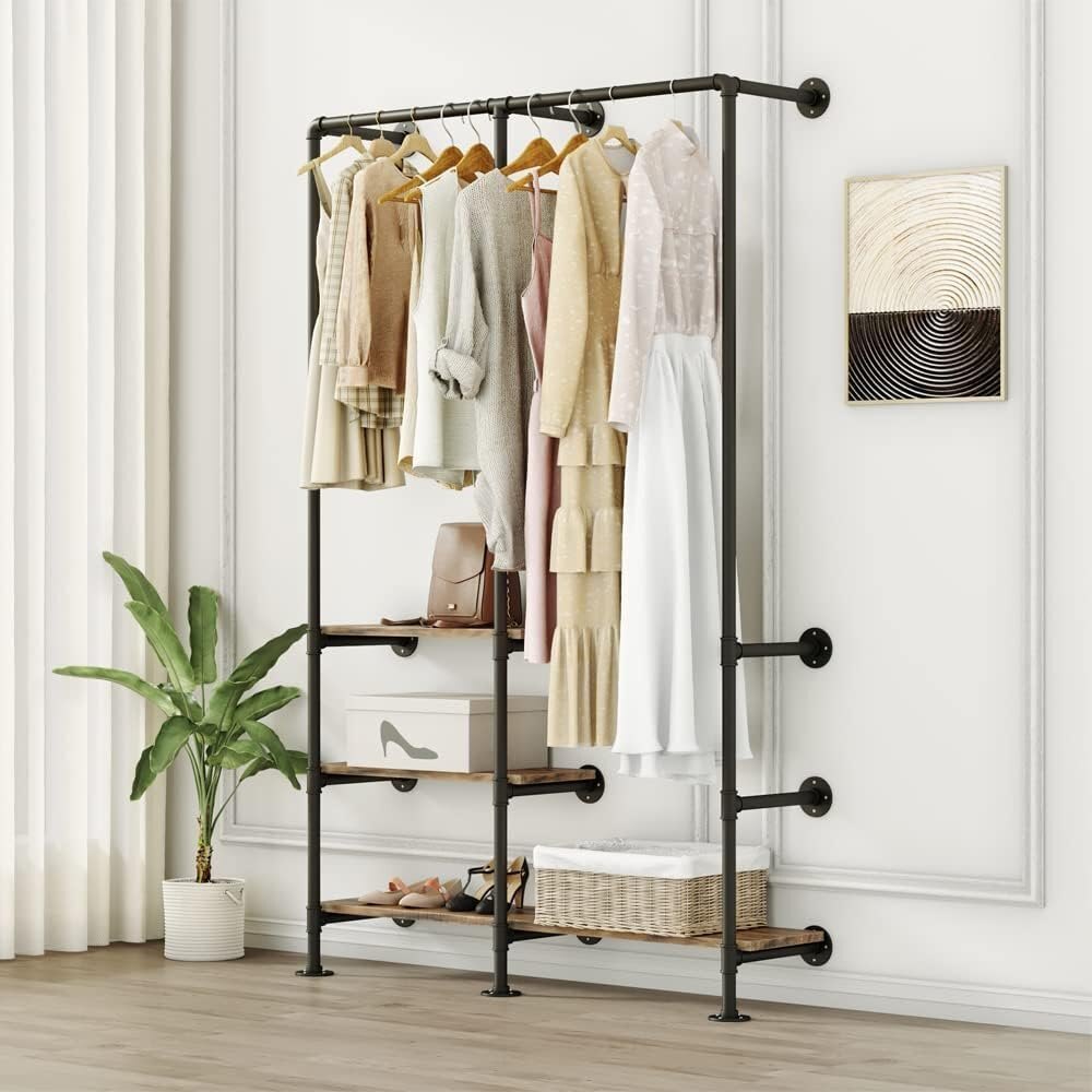 Industrial Pipe Clothing Rack with Shelves, Wall Mounted Garment Rack, Heavy Duty Choset Clothes