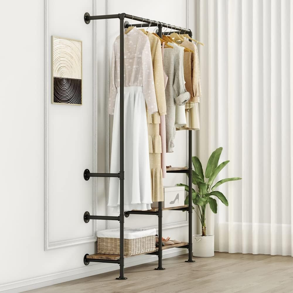 Industrial Pipe Clothing Rack with Shelves, Wall Mounted Garment Rack, Heavy Duty Choset Clothes