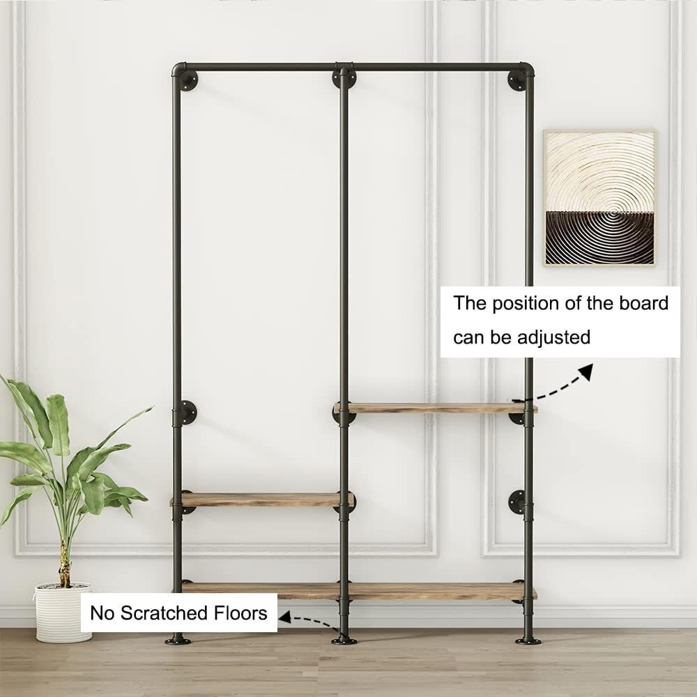 Industrial Pipe Clothing Rack with Shelves, Wall Mounted Garment Rack, Heavy Duty Choset Clothes