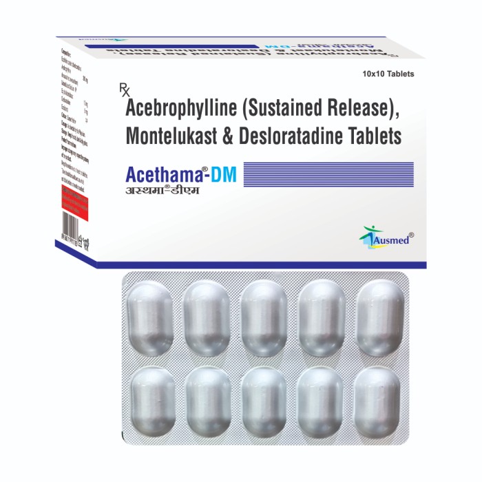 Acebrophylline 200 mg (In Sustained Release Form) Montelukast Sodium IP Eq.to Montelukast 10 mg Desloratadine 5 mg
