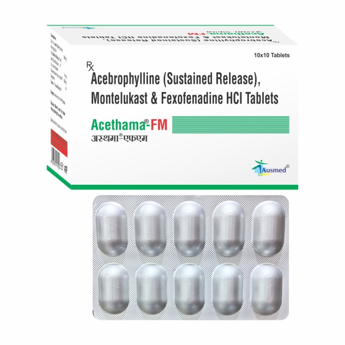 Acebrophylline 200 mg (In Sustained Release Form) Montelukast Sodium IP Eq.to Montelukast 10 mg Fexofenadine Hydrochloride IP 120 mg