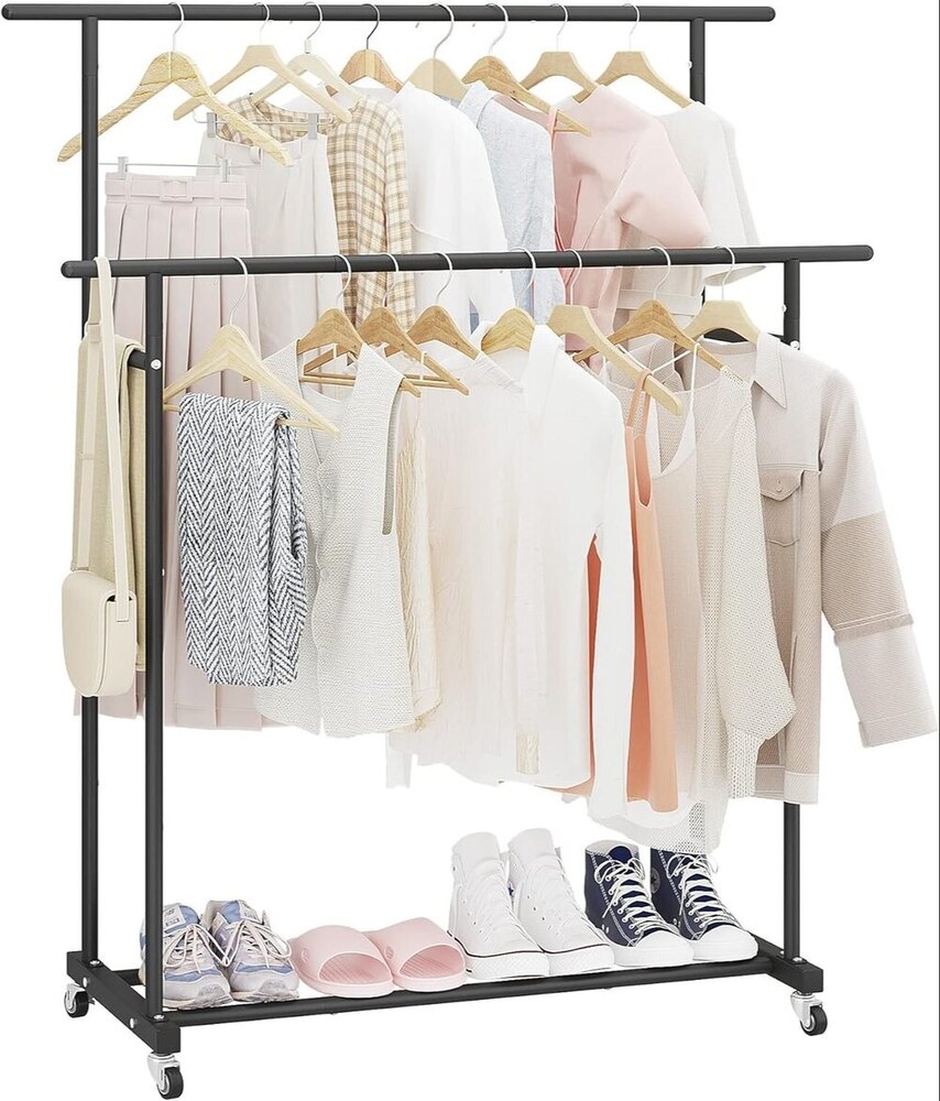 Double Rod Clothing Garment Rack,Rolling Hanging Clothes Rack,Portable Clothes Organizer