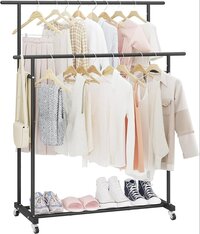 Double Rod Clothing Garment Rack,rolling Hanging Clothes Rack,portable Clothes Organizer - Color: Black
