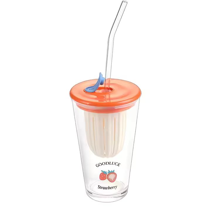 Cartoon Glass Straw Coffee Juice Cup with lid