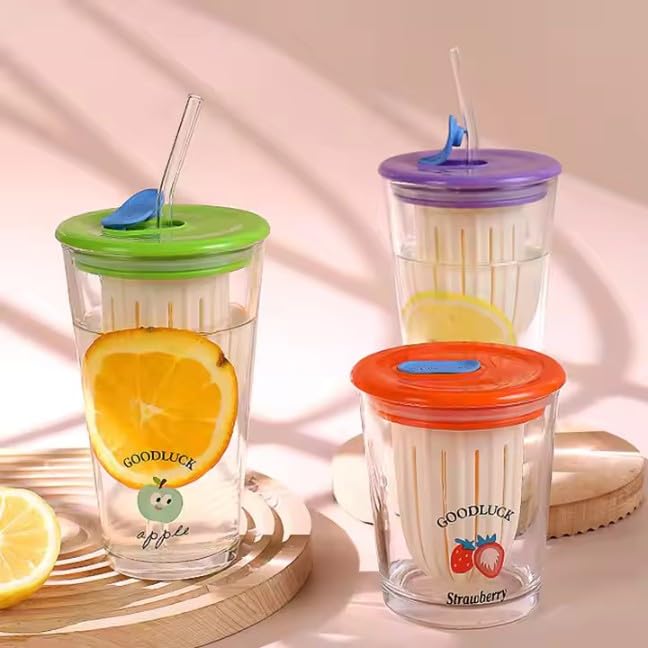 Cartoon Glass Straw Coffee Juice Cup with lid