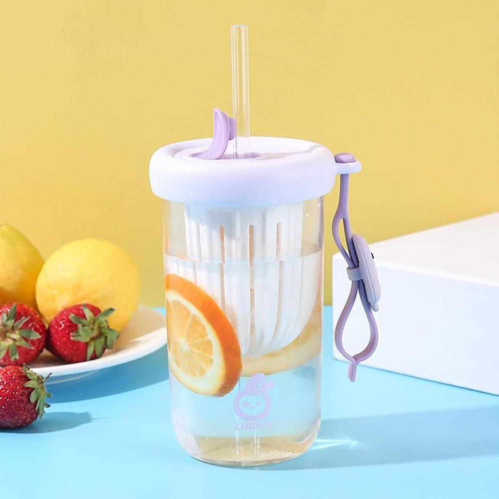 Cartoon Glass Straw Coffee Juice Cup with lid