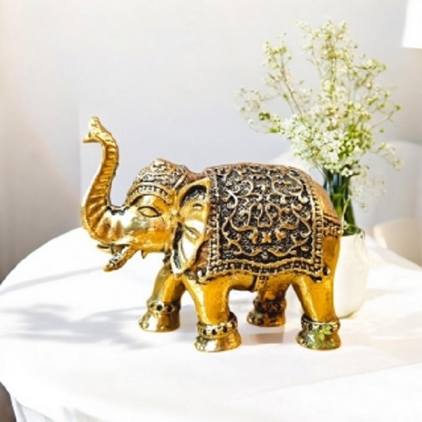 Decorative Brass Elephant Statue | A Beautiful Accent for Your Living Room or Office | Brass Elephant Figurine By Aakrati ( Yellow, 3.2 inch)