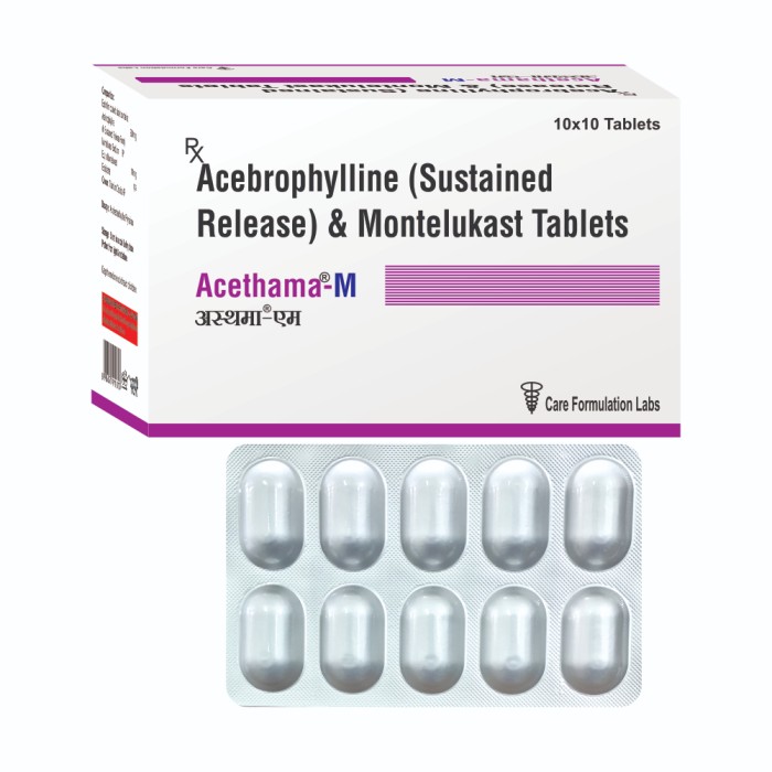 Acebrophylline 200 mg (In Sustained Release Form) Montelukast Sodium IP Eq.to Montelukast 10 mg tab