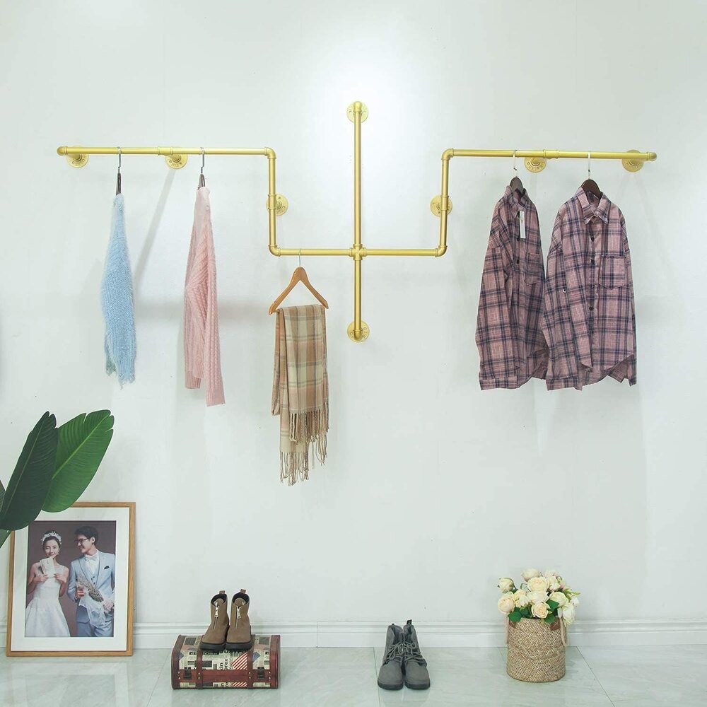 Industrial Pipe Clothing Rack, Wall Mounted Garment Hanging Bar, Iron Clothes Hanger