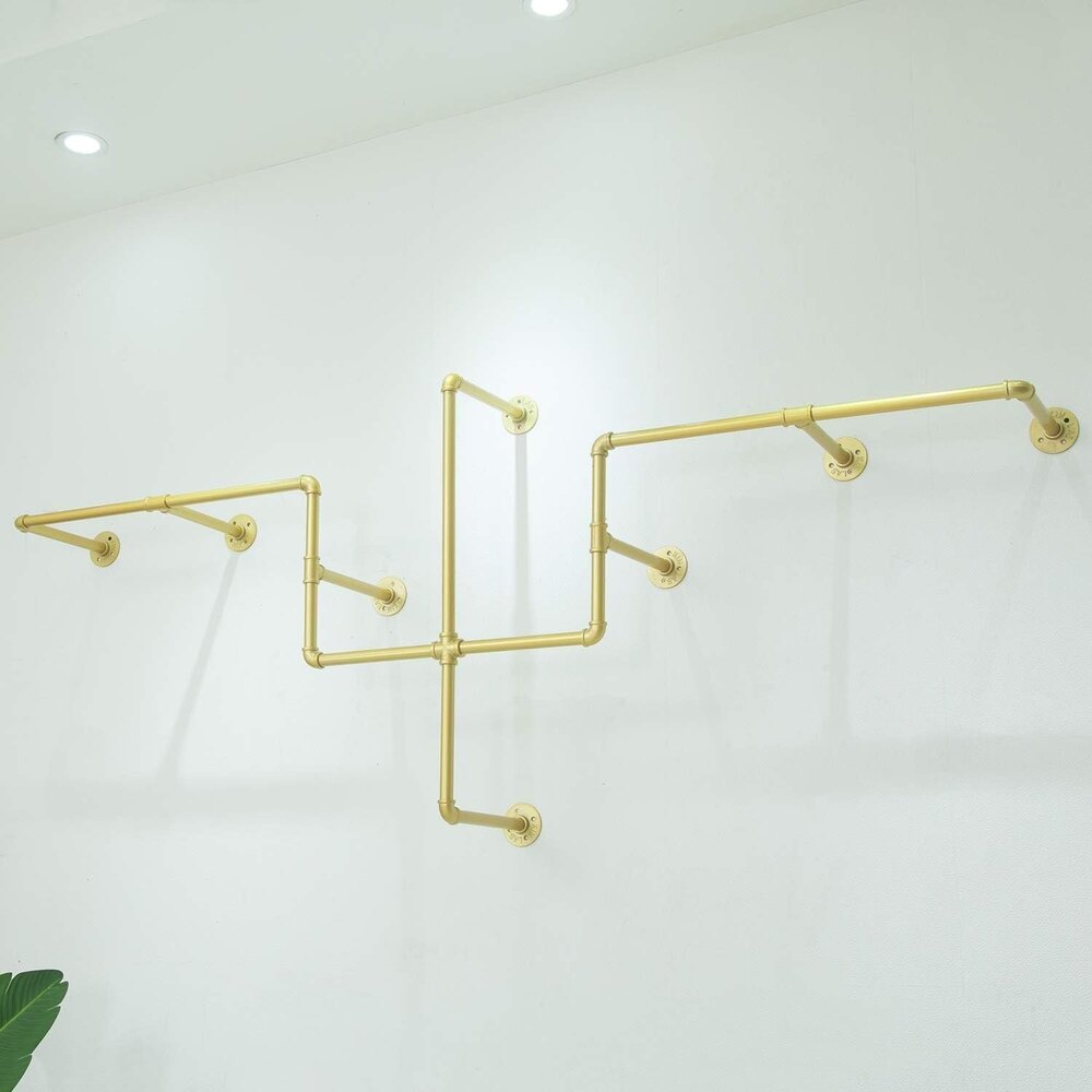 Industrial Pipe Clothing Rack, Wall Mounted Garment Hanging Bar, Iron Clothes Hanger - Color: Golden