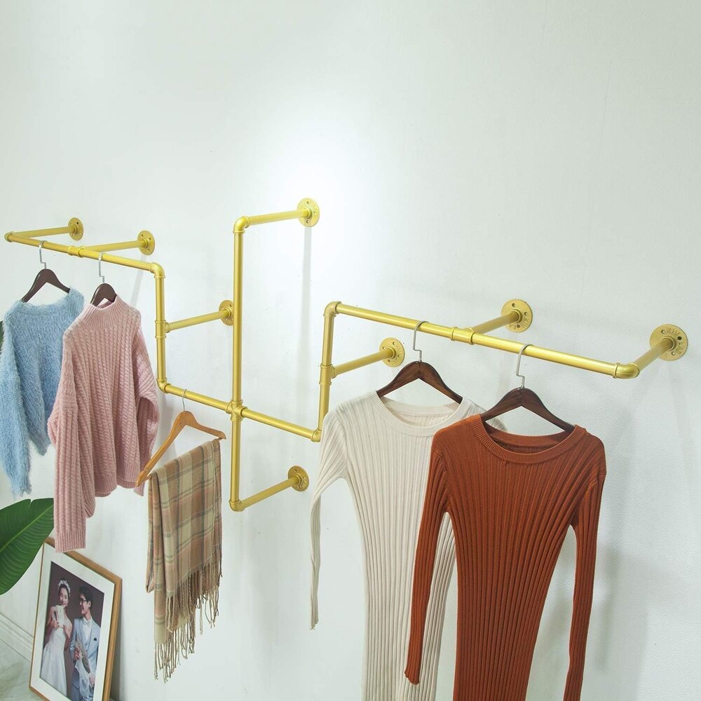 Industrial Pipe Clothing Rack, Wall Mounted Garment Hanging Bar, Iron Clothes Hanger - Color: Golden