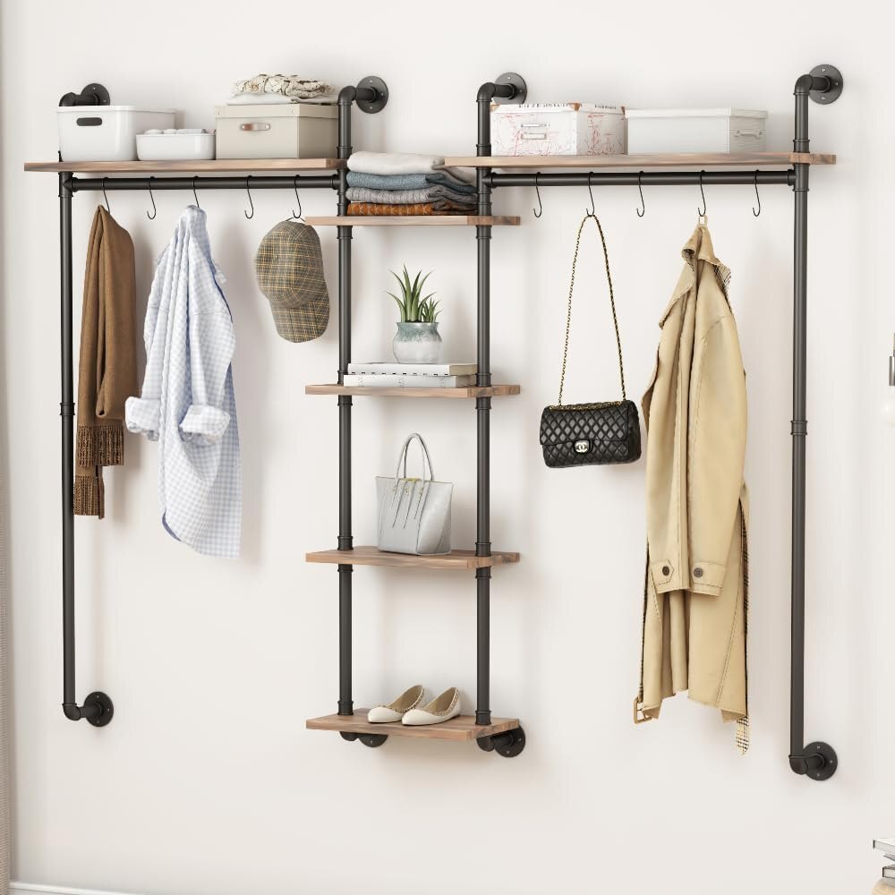 Industrial Pipe Clothes Rack,Wall Mounted Pipes Clothes Racks with Four Hanging Rods, Racks