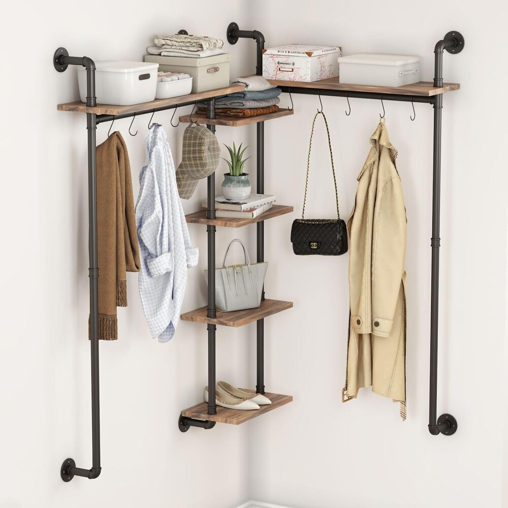 Industrial Pipe Clothes Rack,Wall Mounted Pipes Clothes Racks with Four Hanging Rods, Racks