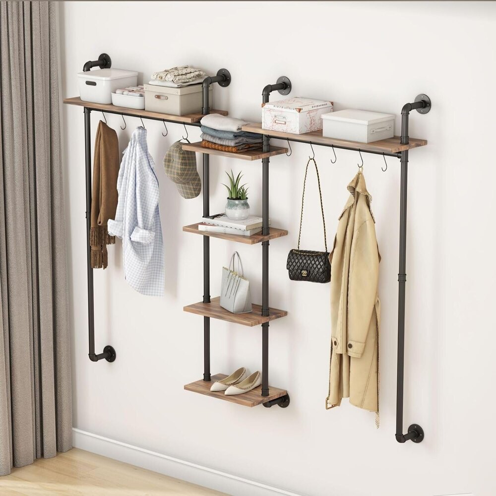 Industrial Pipe Clothes Rack,Wall Mounted Pipes Clothes Racks with Four Hanging Rods, Racks