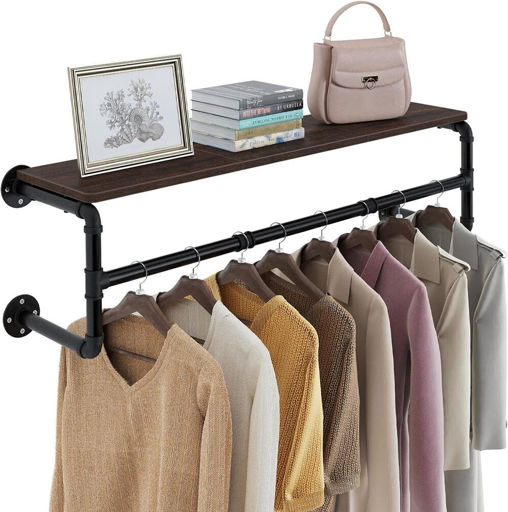 Clothes Rack with Top Shelf, 45.5in Industrial Pipe Wall Mounted Garment Rack