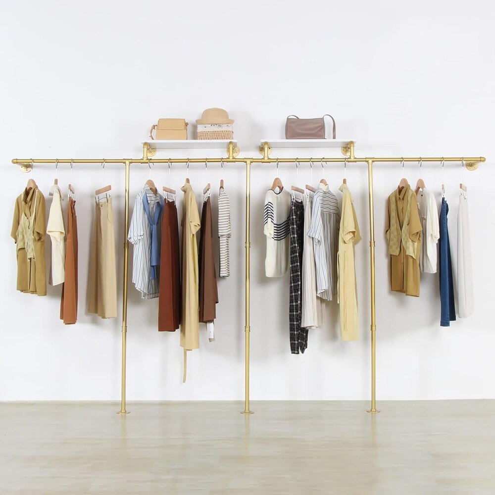 Wall Mounted pipe clothing rack with 3 T-Bar Design and Nano  Finish with 2 Wooden Shelves