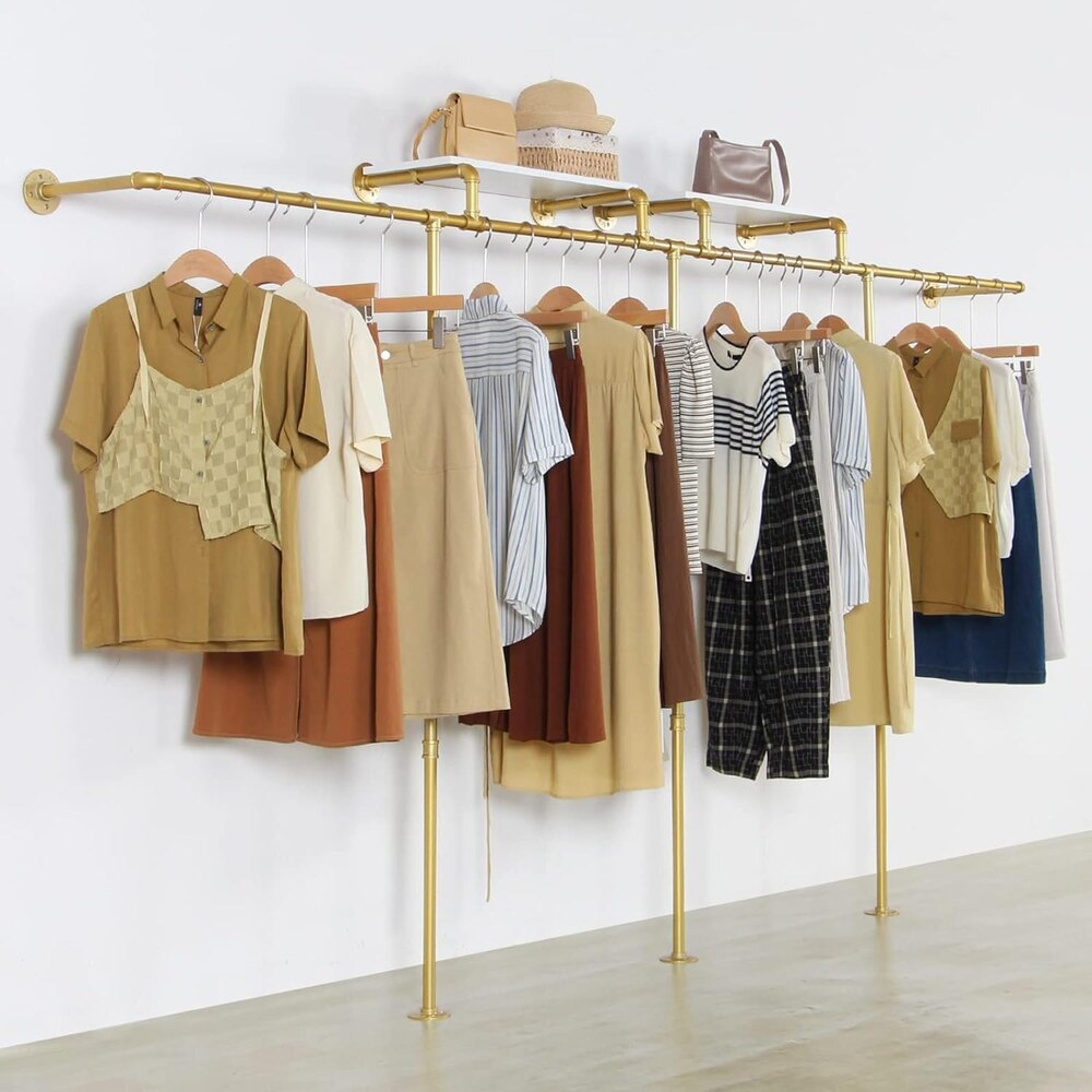 Wall Mounted Pipe Clothing Rack With 3 T-bar Design And Nano  Finish With 2 Wooden Shelves