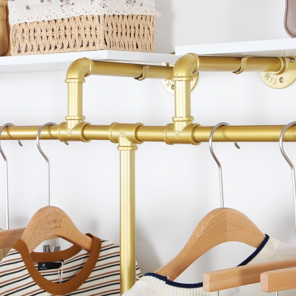 Wall Mounted Pipe Clothing Rack With 3 T-bar Design And Nano  Finish With 2 Wooden Shelves