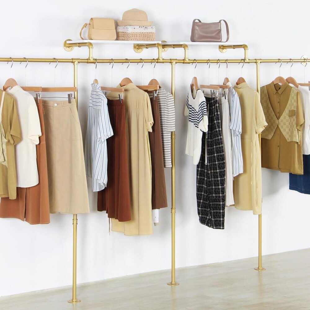 Wall Mounted Pipe Clothing Rack With 3 T-bar Design And Nano  Finish With 2 Wooden Shelves