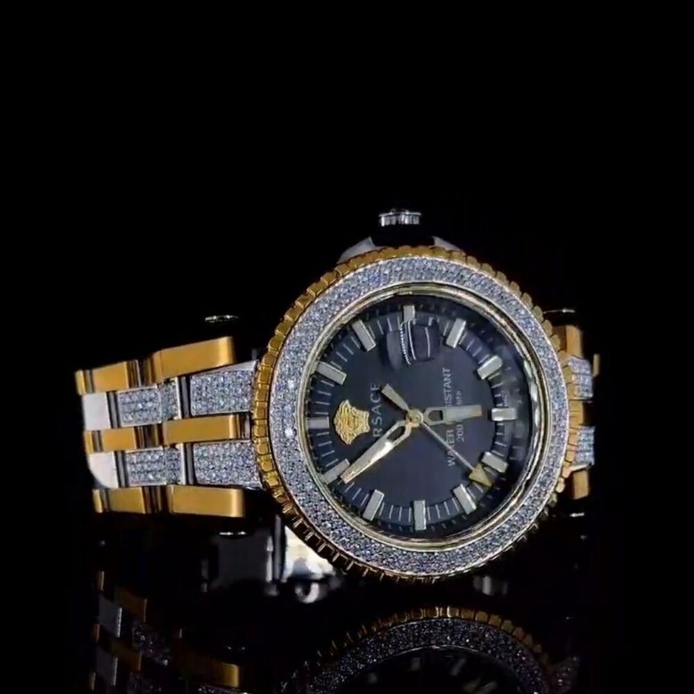 Versace Gold & Black Luxury Watch With Diamond-studded Bezel