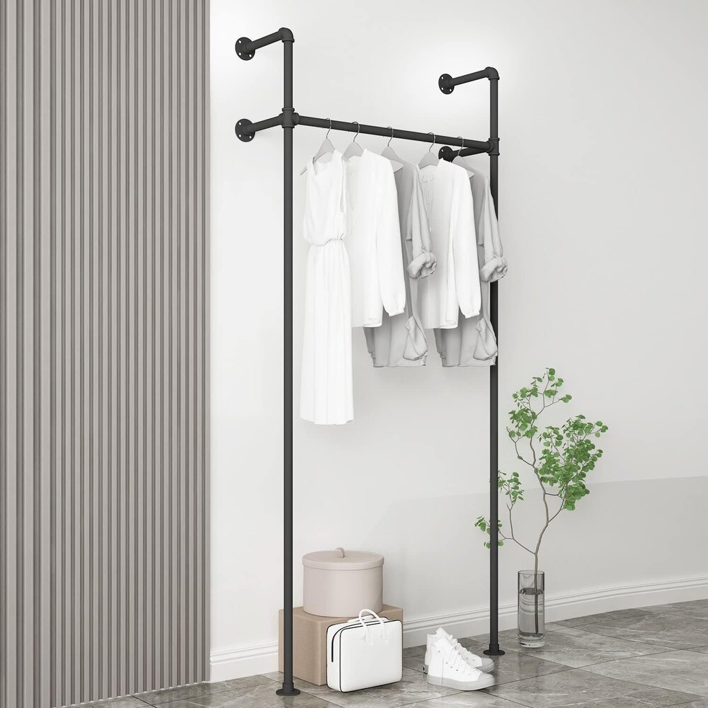 Industrial Pipe Clothing Rack On Wall,moden Wall Mounted Closet Storage Rack, - Color: Black