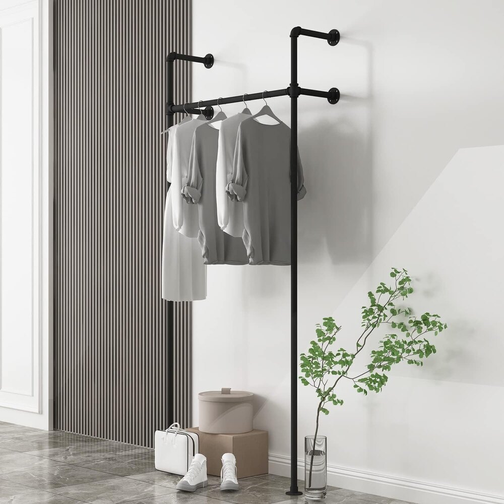 Industrial Pipe Clothing Rack On Wall,moden Wall Mounted Closet Storage Rack, - Color: Black