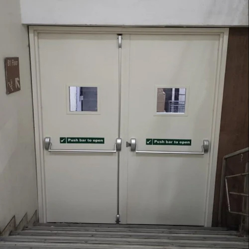 Double Panic Bar Fire Door - Mild Steel, 81x32 Inches | White, Powder-Coated Finish, Double Panic Bar Mechanism, Industrial Grade