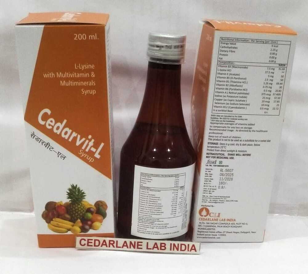 CEDARVIT-L SYRUP - L-Lysine with Multivitamins & Minerals 200 ML | Liquid Health Supplement, Store in Cool Dry Place, 72 Per Box, Based on Physician's Dosage
