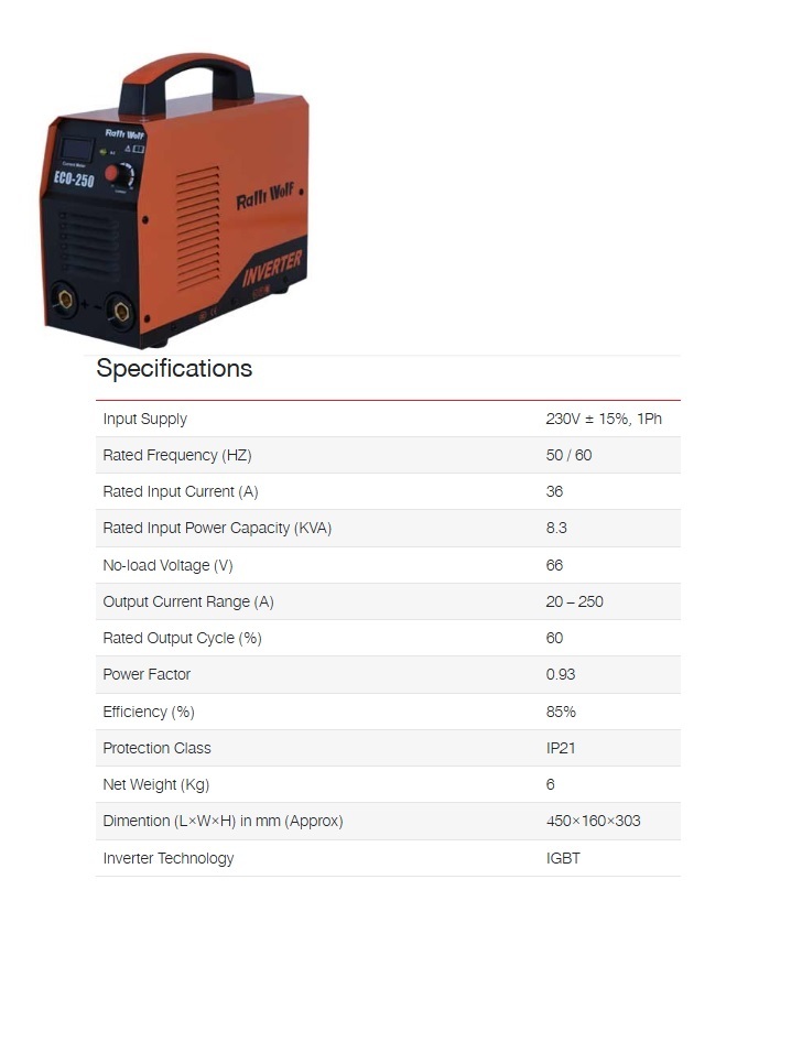 Ralli Wolf Welding Machine Arc Series Inverter (Eco-250) - Feature: High Performance