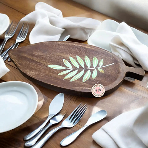 Mango Wood Leaf Hand Painted Platter - Color: Brown