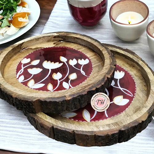 Wooden Round Hand Painted Tray Set Of 2