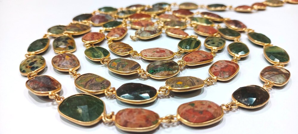 Natural Jasper Briolette Faceted Connector Bezel Chain - 12 To 15 Mm, Brown Gemstone For Jewelry Making, Ideal For Necklaces And Bracelets