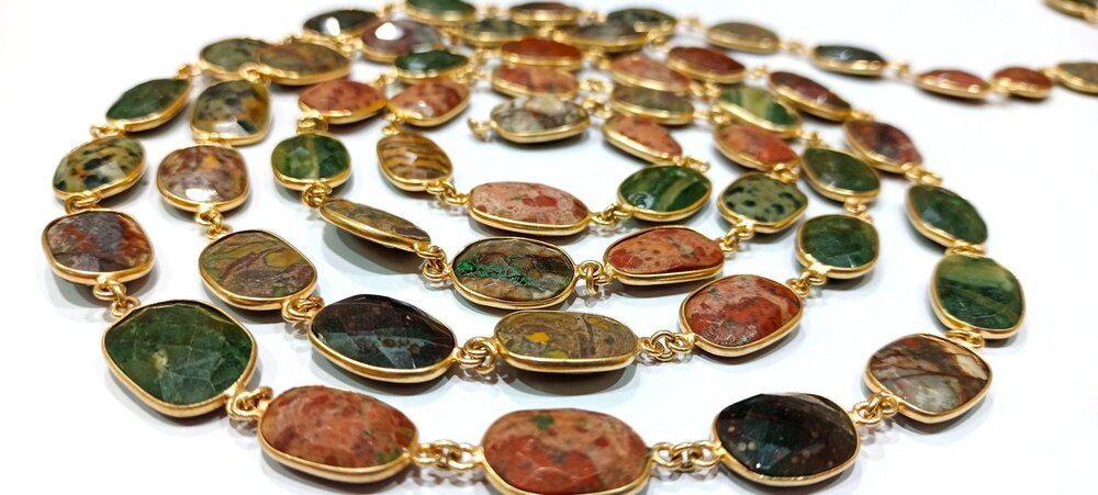 Natural Jasper Briolette Faceted Connector Bezel Chain - 12 To 15 Mm, Brown Gemstone For Jewelry Making, Ideal For Necklaces And Bracelets