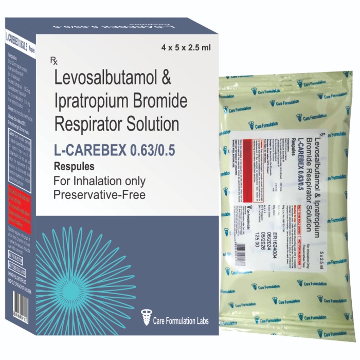 Ipratropium Bromide IP Eq. to Ipratropium Bromide (Anhydrous) 500mcg + Levosalbutamol Sulphate IP Eq. to Levosalbutamol 0.63mg + in an Isotonic Solution  2.5ml Respules