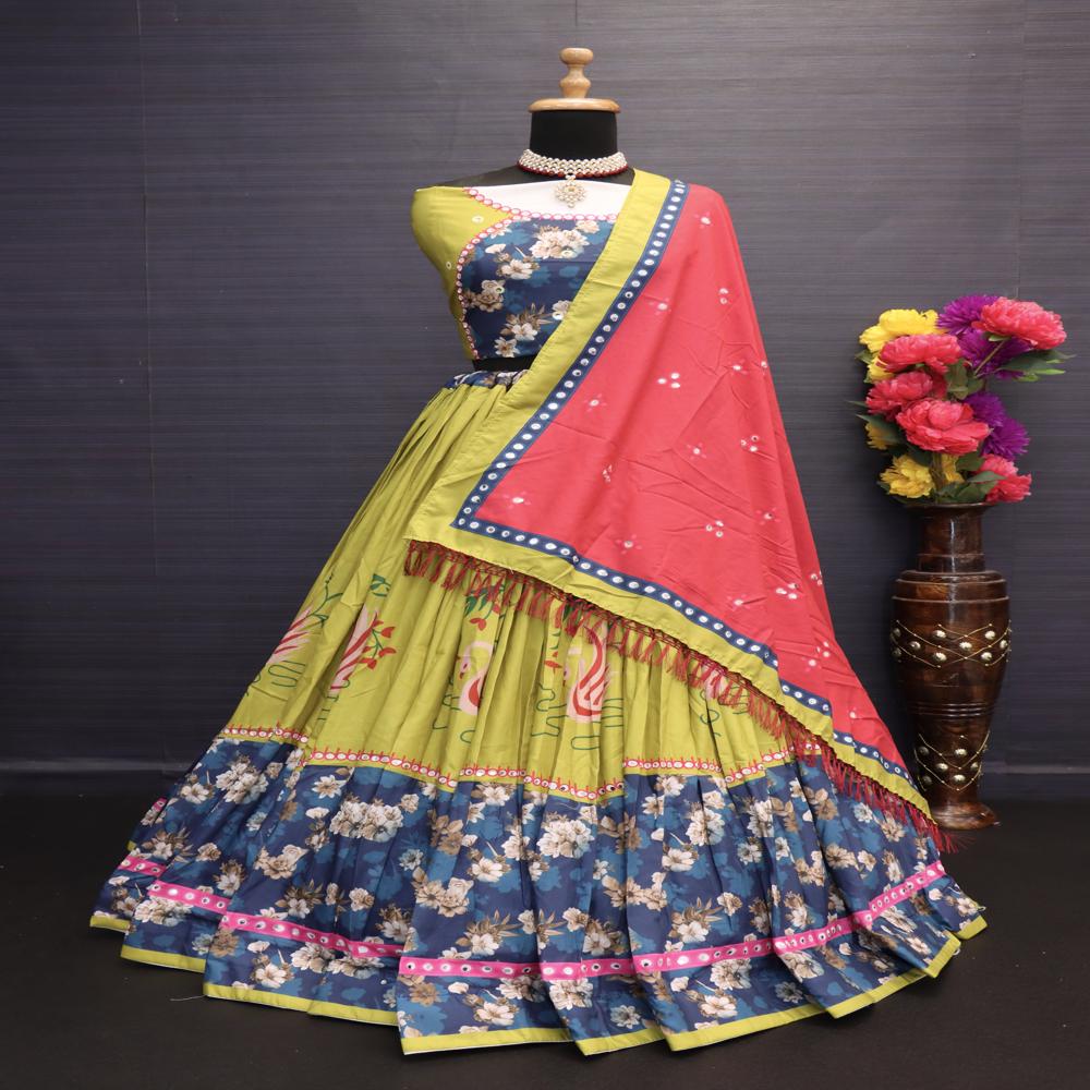 Digital Print Muslin Cotton Lehenga Choli - Color: Multi Color