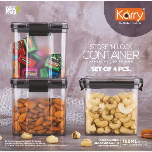 Karry Store N Lock Plastic Airtight Kitchen Cereal Dry Fruits Storage Container 4 Pcs Set 700 Ml - Color: Transparent With Black