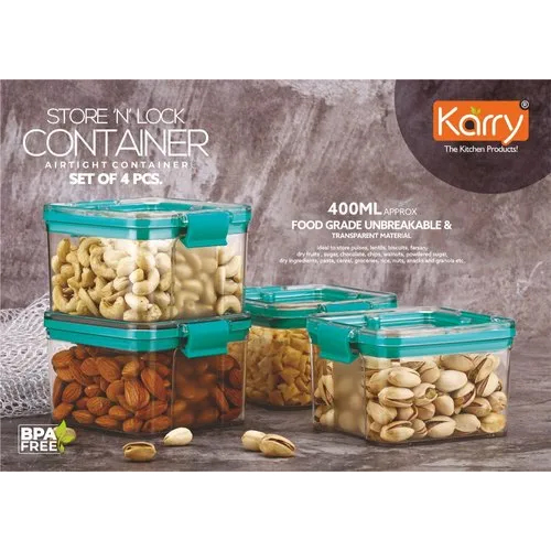 Karry Store 'N' Lock Plastic Airtight Kitchen Cereal Dry Fruits Storage Container 4 Pcs Set 400 Ml - Color: Transparent