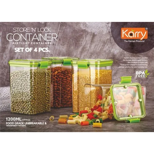 Karry Store 'N' Lock Plastic Airtight Kitchen Cereal Dry Fruits Storage Container 4 Pcs Set 1200 Ml - Plastic Type: Pet