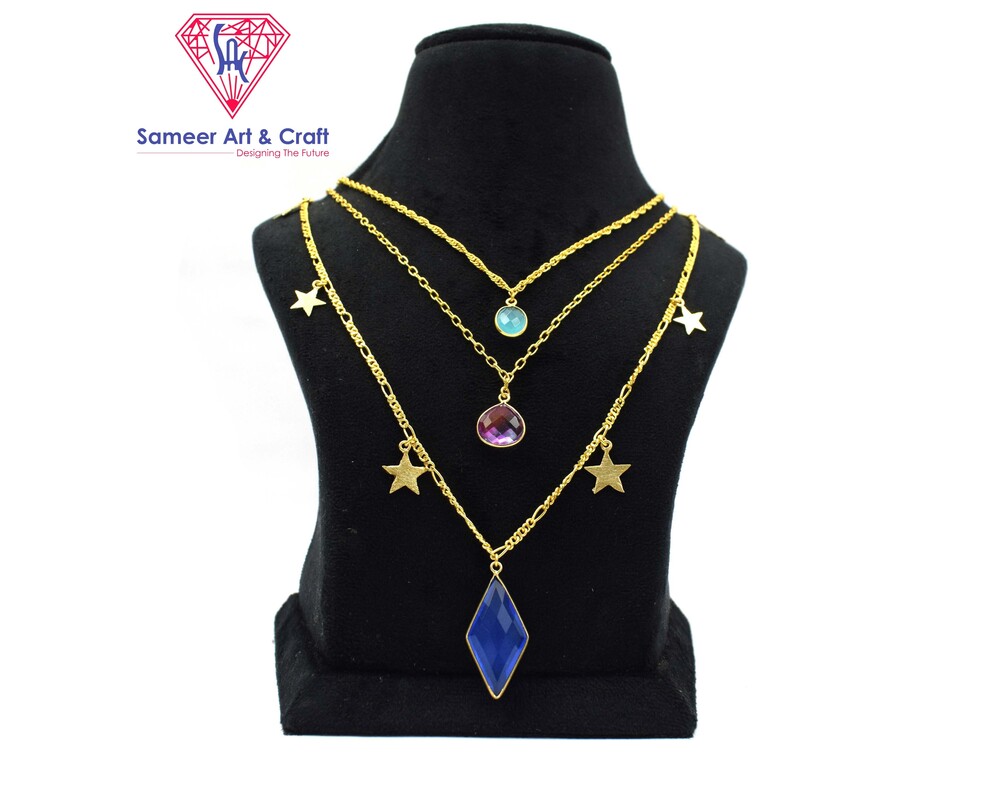 Natural Gemstone With 18K Gold Plated Three Layer Handmade Fashionable Star Charm Necklace