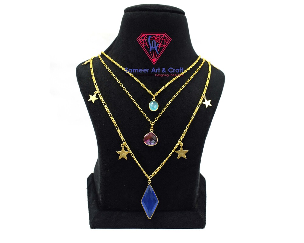 Natural Gemstone With 18K Gold Plated Three Layer Handmade Fashionable Star Charm Necklace