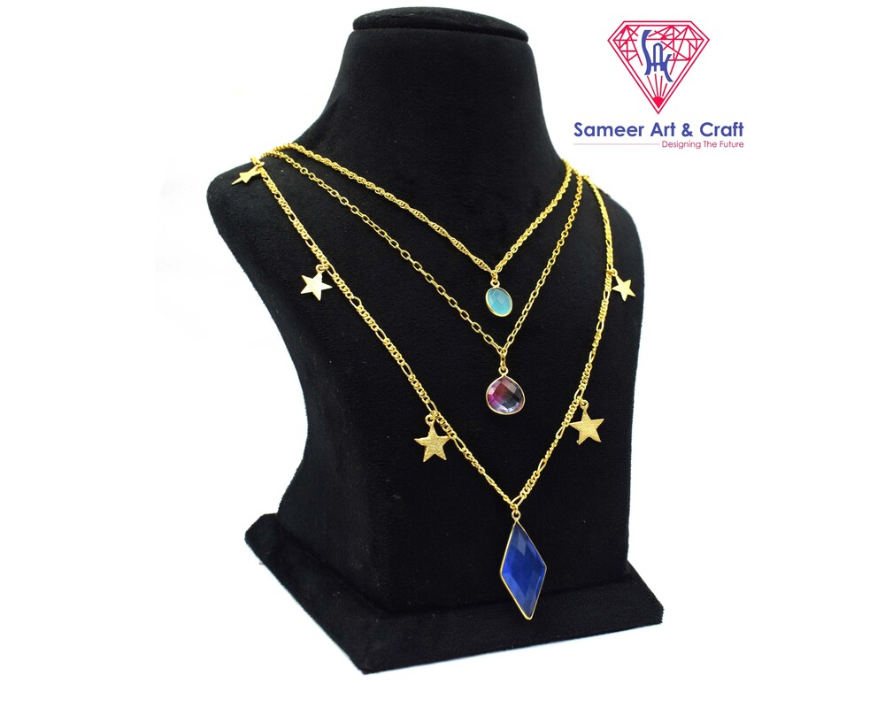 Natural Gemstone With 18K Gold Plated Three Layer Handmade Fashionable Star Charm Necklace