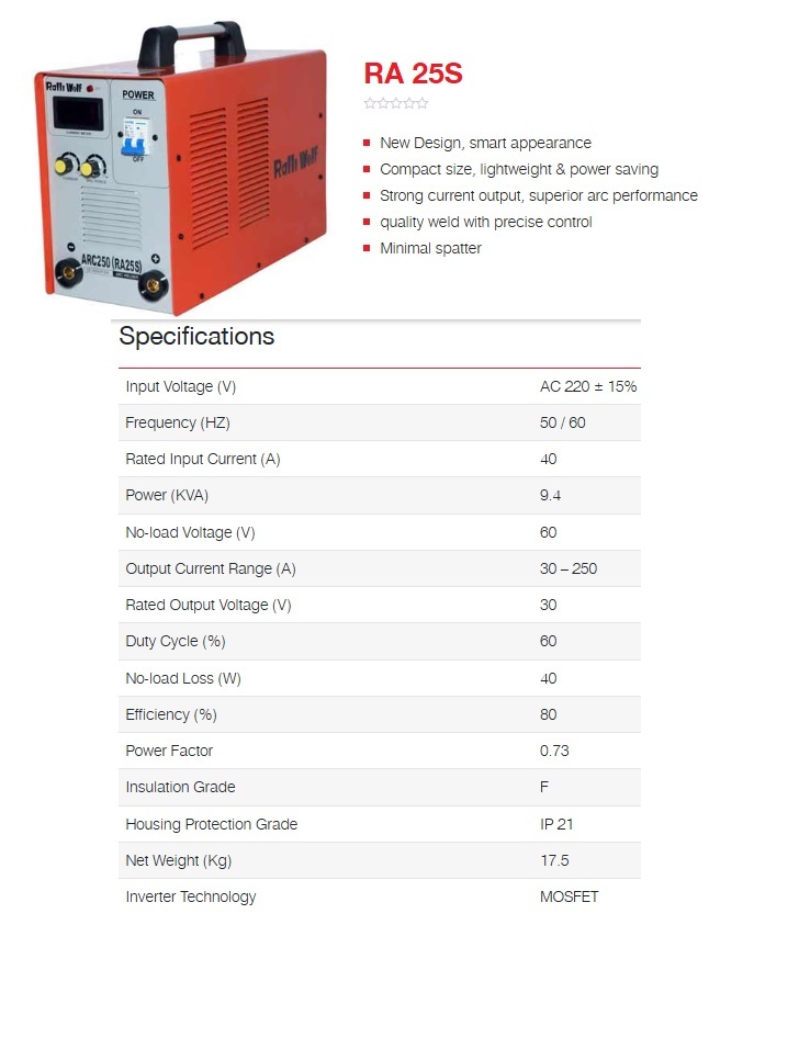 Ralli Wolf Welding Machine Arc Series Inverter (Ra25s) - Feature: High Performance