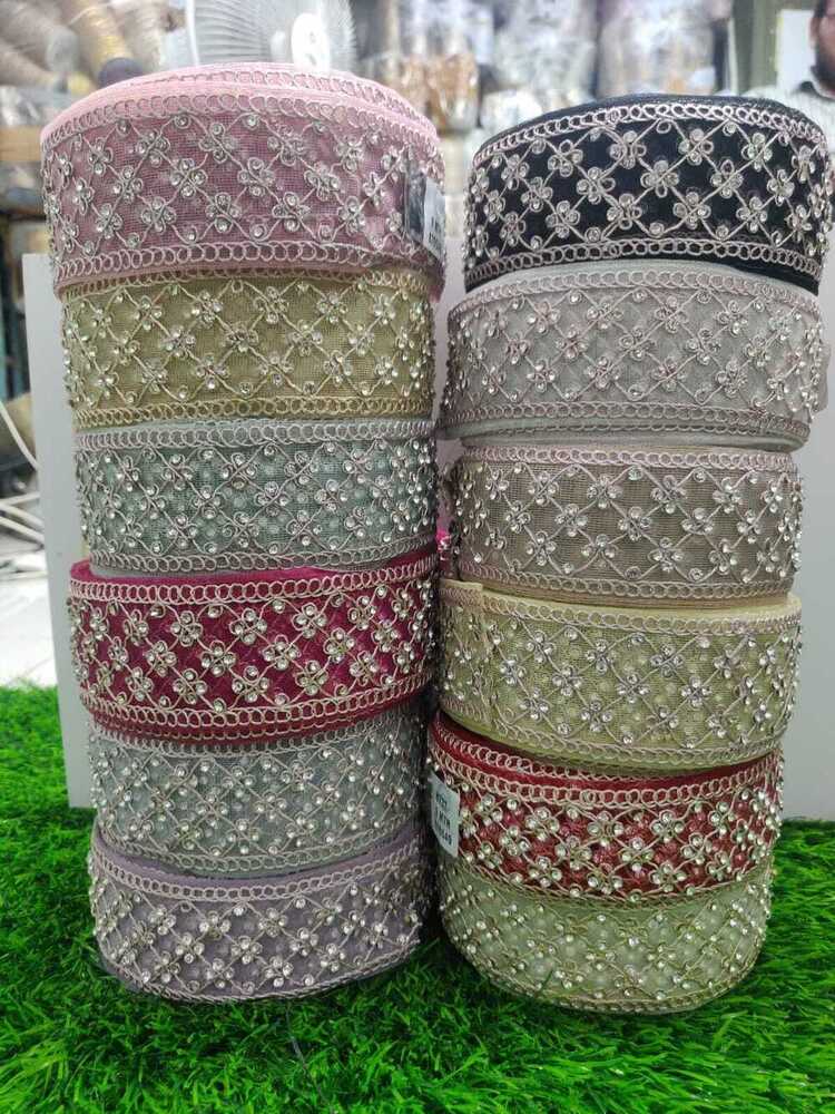 Dimond Lace - Net & Other Material, Multi-color, Straight Embroidered Design | Featuring Gold Sequenced Jari And Stone Embellishments