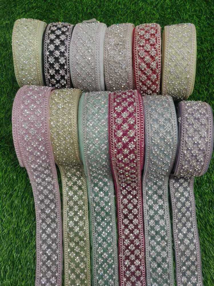 Dimond Lace - Net & Other Material, Multi-color, Straight Embroidered Design | Featuring Gold Sequenced Jari And Stone Embellishments