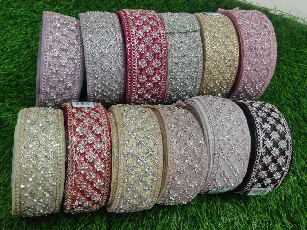 Dimond Lace - Net & Other Material, Multi-color, Straight Embroidered Design | Featuring Gold Sequenced Jari And Stone Embellishments