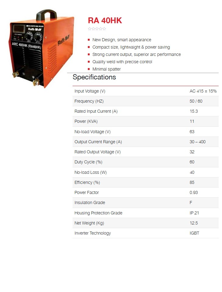 Ralli Wolf Welding Machine Arc Series Inverter (Ra 40hk) - Feature: High Performance