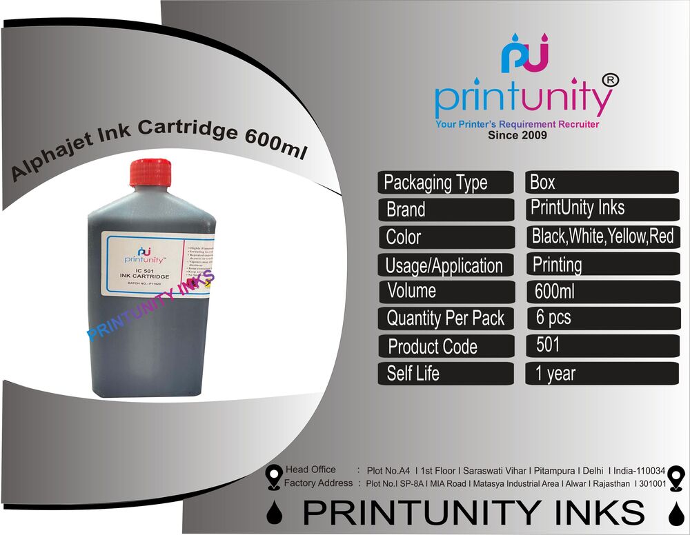 Ink Cartridge, Packaging Size: 600ml For Alphajet Printer - Application: Digital Printing