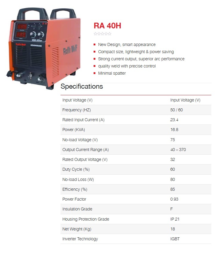Ralli Wolf Welding Machine Arc Series Inverter (Ra40h) - Feature: High Performance