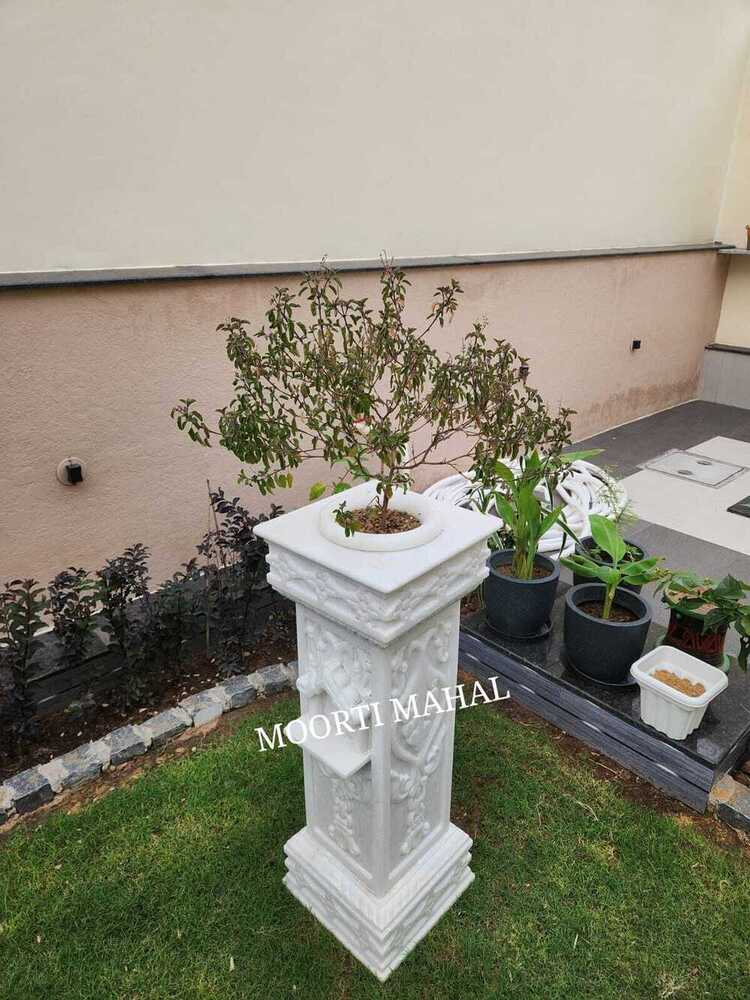 Marble Tulsi Stand - White Polished Marble, Customizable Size, Handmade Square Design | Ideal For Home Or Temple Tulsi Plant Display