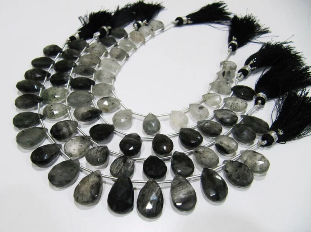 Natural Genuine Black Rutilated Quartz Pear Shape beads